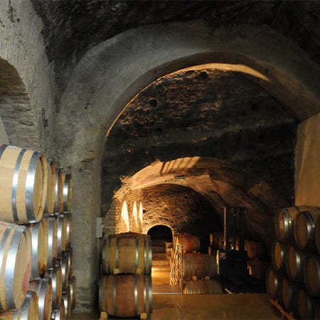 Steiniger Gewölbekeller gefüllt mit Barriques auf dem Weingut Basilisco